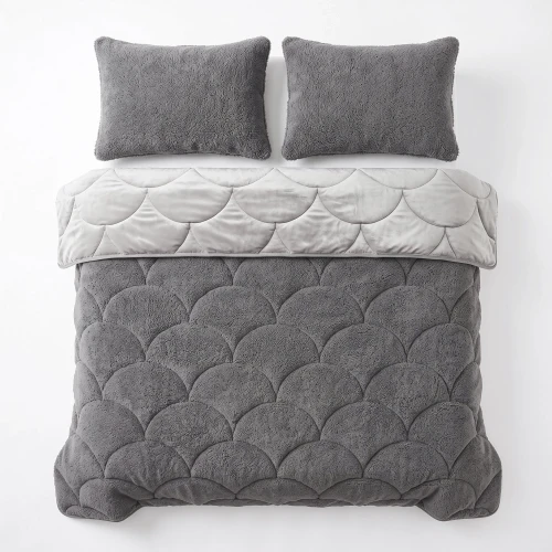 200x200 Lazy TEDDY velvet  brąz/szara kołdra z poszewkami na poduszkę